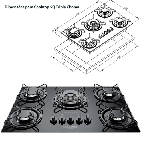 Cooktop a Gás 5 Bocas Tripla Chama Esmaltec Gourmet Bivolt Preto