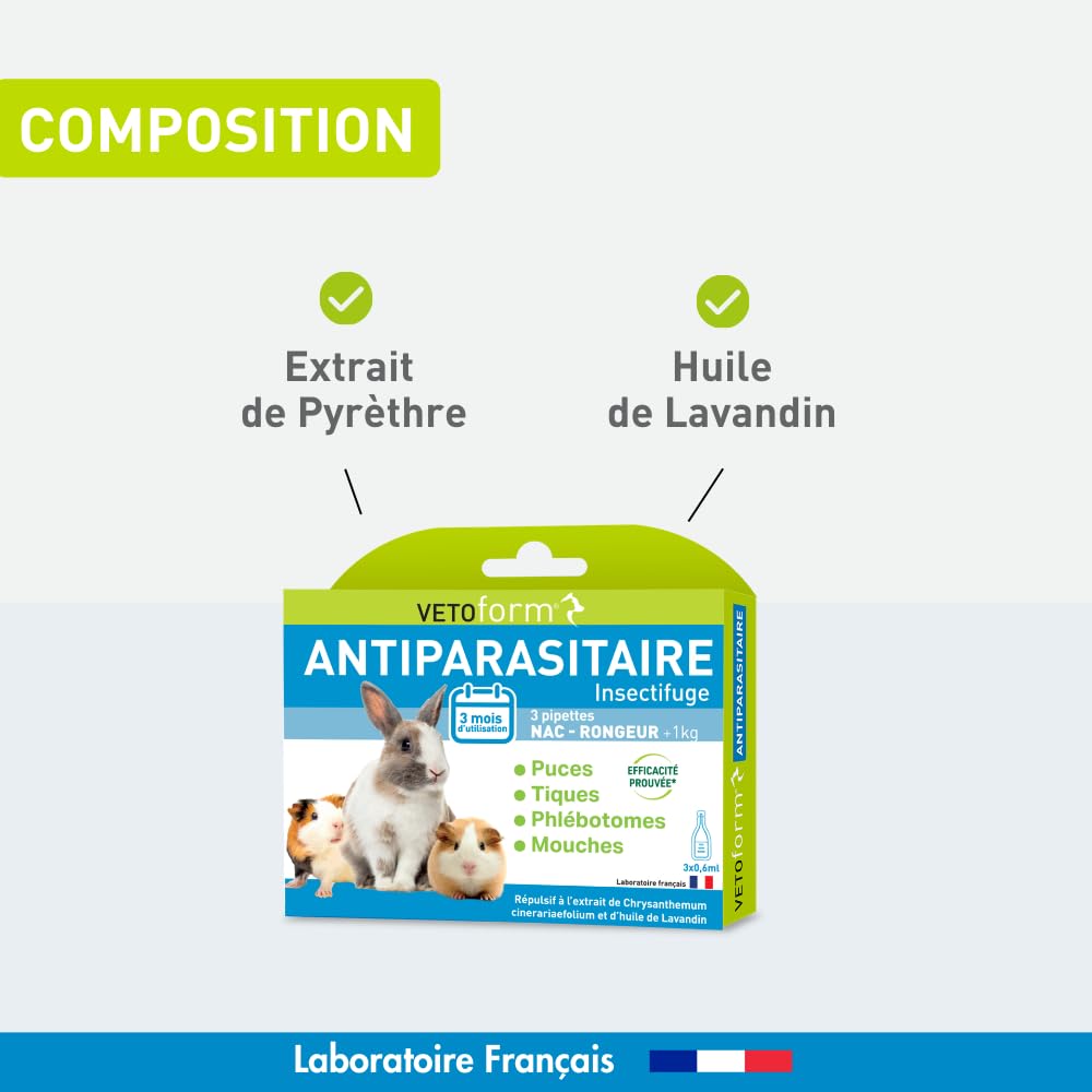VETOFORM | Pipette Antiparasitaire Petit mammiphère +1kg | Lapin, Cochon d'Inde, Hamster | NAC | antipuces et Anti-tiques | 3x0,6 ML | Fabriqué en France