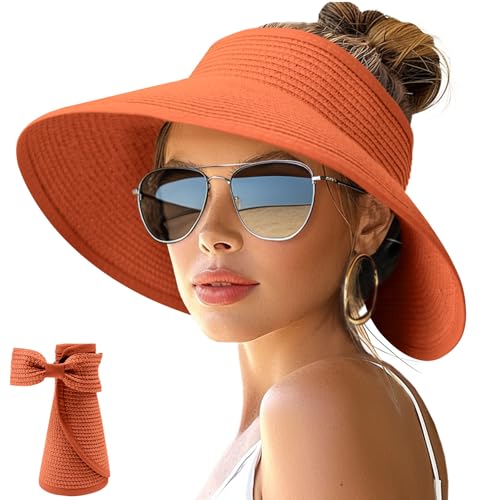 Image of NPJY Sun Hats for Women Wide Brim Roll-Up Beach Ponytail Hat Packable Foldable Travel Straw Visor
