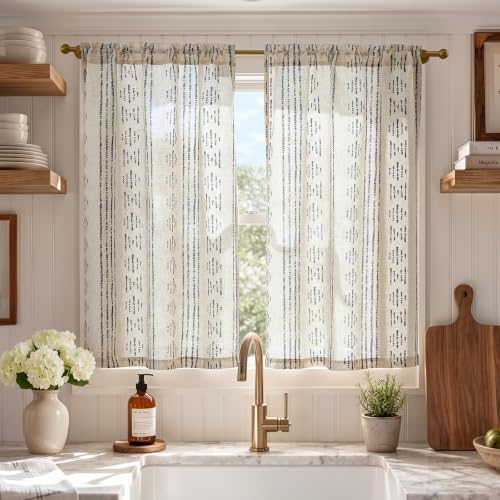 jinchan Linen Striped Tier Curtains for Kitchen Windows Boho