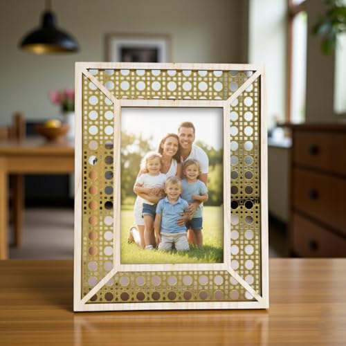 Image of Rectangle Wooden Photo Frame 23 x 18 cm | Decorative Picture Frame with Rattan Laser Cut Border & Clear Acrylic Front | Wall & Tabletop Display for Home Decor