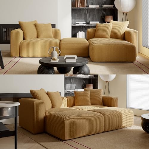 Acanva Corduroy Convertible Modular L Shaped Sectional Sofa, 4 Seater Free Combination Corner Couch, Convertible to DayBed, Wide Loveseat with Moveable Ottomans for Small Spaces, Sleeper Bed, Yellow