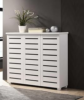 Timber Art Design UK Shoe Cabinet Storage Cupboard Bedroom, Living Room, Hallway Wooden Stand Rack Unit 3 Door 5 Tier White Space Saving Cupboard - 33.6D x 114W x 98.3H cm