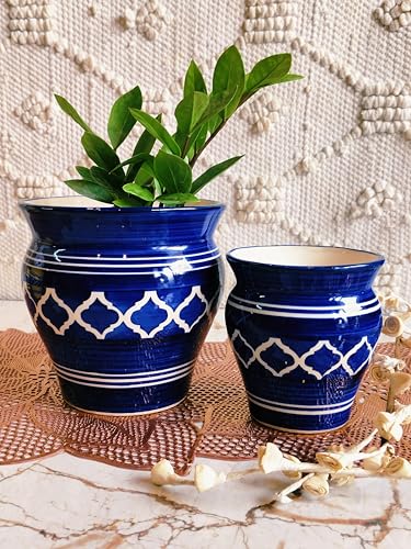 Image of Niyara Stylish Ceramic Pots Planters for Indoor Plants, Succulent, Outdoor, Balcony, Home, Garden, Office Size -7 inches & 5 inches (Moroccan Blue Set of 2)