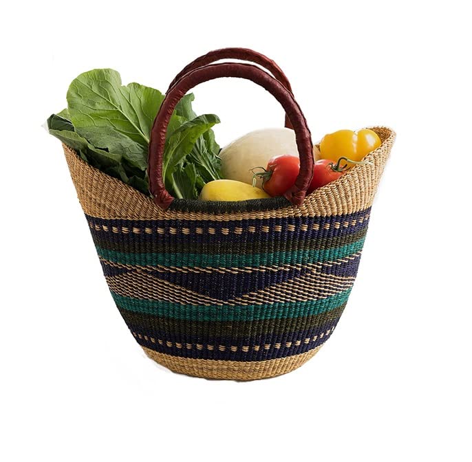 Large Yikene Shopper Beach Bag Ghana Bolga Basket Fair Trade (16-19 Across) (Green Blue & Tan)