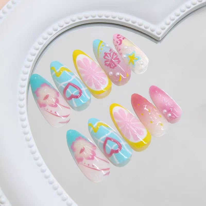 Press on Nails Short - 2 Set Fake Nails with 30pcs Summer Press on Nail Almond and 24pcs Pure False Nails, Acrylic Nails with 3D Flower Designs, False Nail for Women Girls Kids
