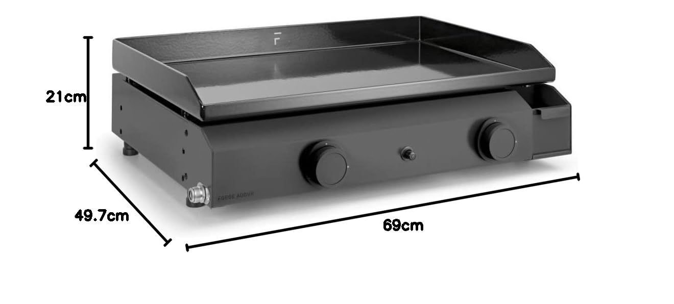 Forge Adour – Plancha Gaz Extérieure 60 cm Acier Noir, Plaque cuisson Fonte Émaillée Anti-adhésive, 2 Brûleurs 5000W, Plancha Gaz Extérieur 8 à 10 Convives, Châssis Acier Noir, Garantie 5 Ans