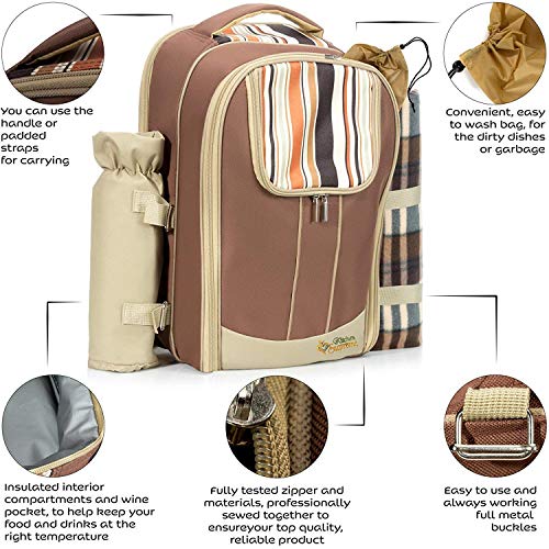 Kitchen Supreme Picnic Backpack Set for 4 | Luxury Gift Collection | Basket Bag with Large Insulated Cooler Compartment, Waterproof Fleece Blanket & Detachable Wine Holder