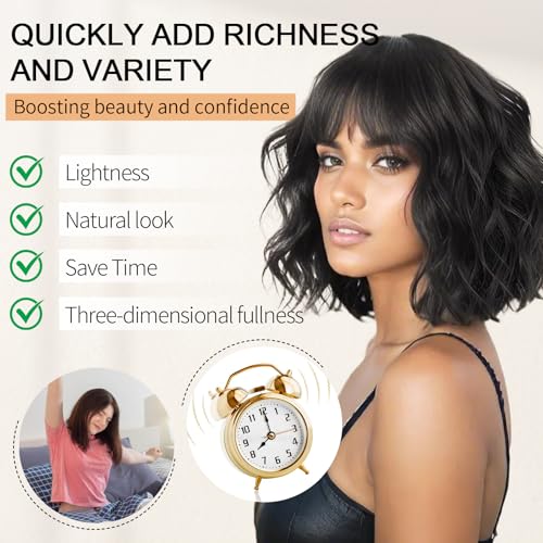 Image of AGO Natural Black Wigs with Bangs Short Bob Wig Shoulder Length Synthetic Hair for Women Girl Loose Wavy Wig Heat Resistant Fiber Hair for Daily Party Halloween Cosplay Use(2 /4#Black)