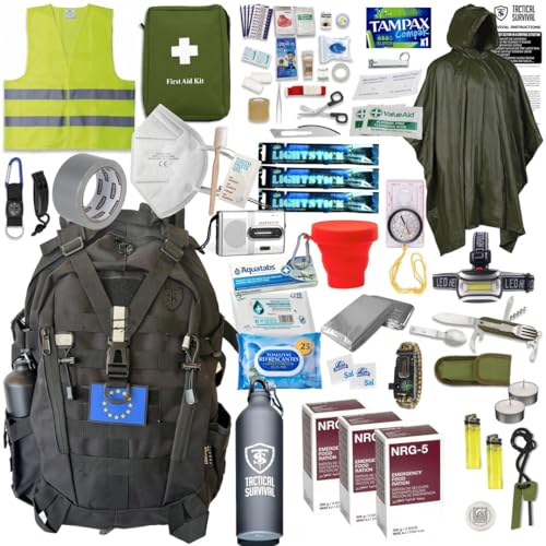 Mochila de Supervivencia Basica 72H – Mochila para EMERGENCIAS Kit básico para 72 Horas (1 Persona) 35 Piezas