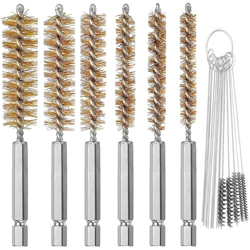 CKANDAY 6 Pieces Brass Bore Brush in Different Sizes + 15 Pcs Cleaning Needles Nylon Brushes Tools, Twisted Wire Brush with Handle 1/4 Inch Hex Shank Attachment Drill Set for Tubes Ports Bearings