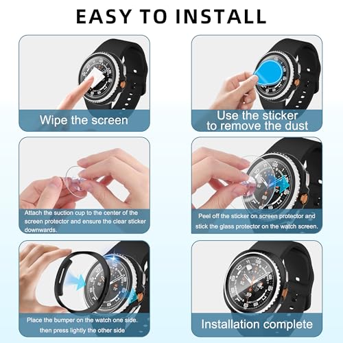 TSOGIA 2 Pack Case with Screen Protector for Samsung Galaxy Watch 8 Classic 46mm, Screen Protector Case, Hard PC Bumper + HD Anti-Fog Tempered Glass Protective Film, Overall Protective Cover, Black - image 6