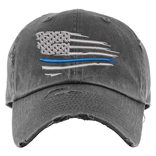 Waving Thin Blue Line Hat | Distressed Baseball Cap OR Ponytail Hat | Back the Blue Police Flag