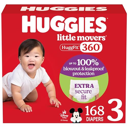 Image of Huggies Size 3 Baby Diapers, Little Movers HuggFit 360° Baby Diapers with 360° Waistband, Size 3 (16-28 lbs), 168 Count (3 Packs of 56), Packaging May Vary