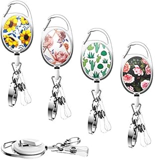 YoungRich 4PCS Retractable Badge Reel with Belt Clip Key Ring ID Badge Holder Nylon Rope Marble and Flowers Design Heavy Duty Retracting Reel Work Keys Holder for ID Card (Colorful)