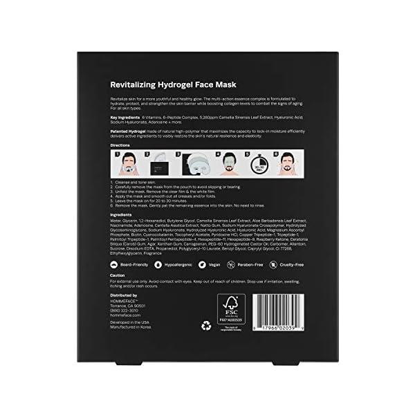 HommeFace Revitalizing Hydrogel Facial Mask Set for Men (5ct) - Hydrating, Anti-aging & Soothing Face Sheet Mask with Hyaluronic Acid, Vitamin B, C, E & Peptides, Beard-Friendly