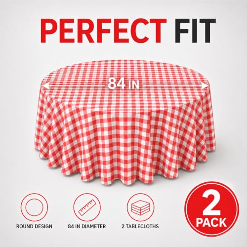 Image of WNINK 2 Pack Red Gingham Round Tablecloth, 84 Inch Disposable Plastic Table Covers, Red Checkered Round Table Cover for Birthday Parties, Holiday, Picnic, BBQ, Family Gathering Party Supplies
