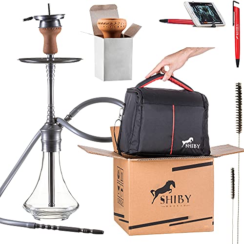 SHIBY® Shisha Set mit Tasche, Premium Hookah 68 cm x2 Shisha Kopf, Edelstahl Tauchrohr & Diffusor Aufsatz, Kaminkopf…