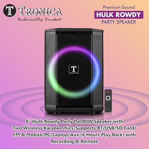 Image of TRONICA 8 inch Thunder Vibra 80W TWS Party Speaker | Professional Circuit & Innovation Better Sound | 2 Wireless Karaoke Mics, Recording, Remote, 6Hr Playback, Supports Bluetooth /USB /FM /AUX for PC /TV