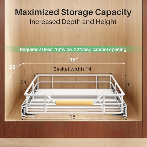 Image of Pull out Cabinet Organizer, 15 inchW X 21 inchD, Heavy Duty Smooth Sliding Under Cabinet Shelves for Pots and Pans, Full-Extension Roll out Drawers, Slide out Organization for Home Kitchen Pantry, White