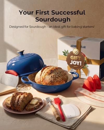 Image of 5QT Enameled Cast Iron Sourdough Bread Oven & Starter Kit, Blue | Tight-fitting Dome Lid Helps Retain Steam, Baking Kit Supports Proofing, Scoring & Dough Transfer, Complete Artisan Bread Set