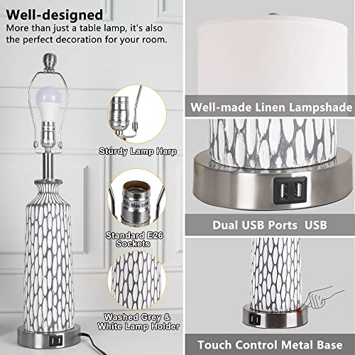 QiMH Table Lamp for Living Room,Bedside Lamps for Bedroom Set of 2 with USB A+C Ports,3-Way Dimmable Touch Control, Modern Coastal White Grey Resin Nightstand Lamp, Included 2700K LED Bulbs - Image 6