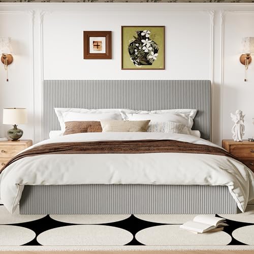 Image of Allewie King Bed Frame, Adjustable Corduroy Headboard, Platform, Grey | Adjustable Headboard, Corduroy Fabric, Low Profile, Wooden Slats, 1000 lb Capacity, No Box Spring Needed