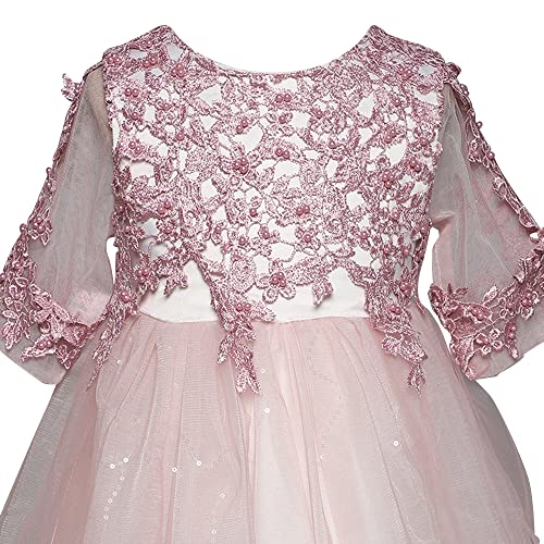 Image of Hopscotch Girls Midi Length Cotton and Polyester Floral Embellished 3 /4th Sleeve Party Dress in Pink Color