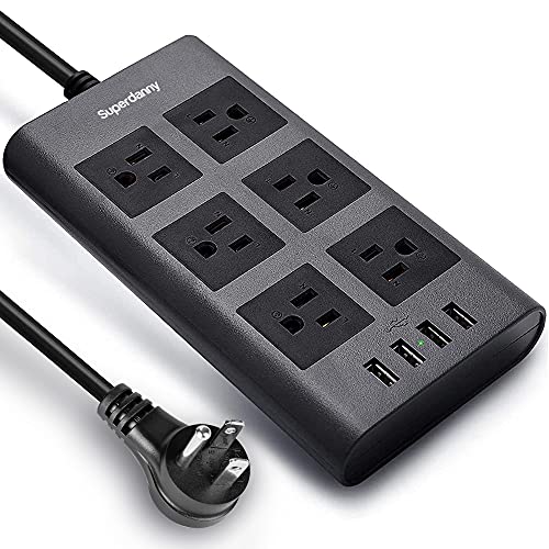 10ft 14AWG 15A 2.4A USB Power Strip Surge Protector SUPERDANNY Heavy Duty Extension Cord Flat Plug 6-Outlet 4-USB Fast Charging Ports for Phone iPad Computer Desktop Home Office Gray Black