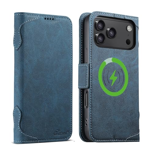 Étui portefeuille iPhone 17 Pro bleu avec coque cuir mat de protection