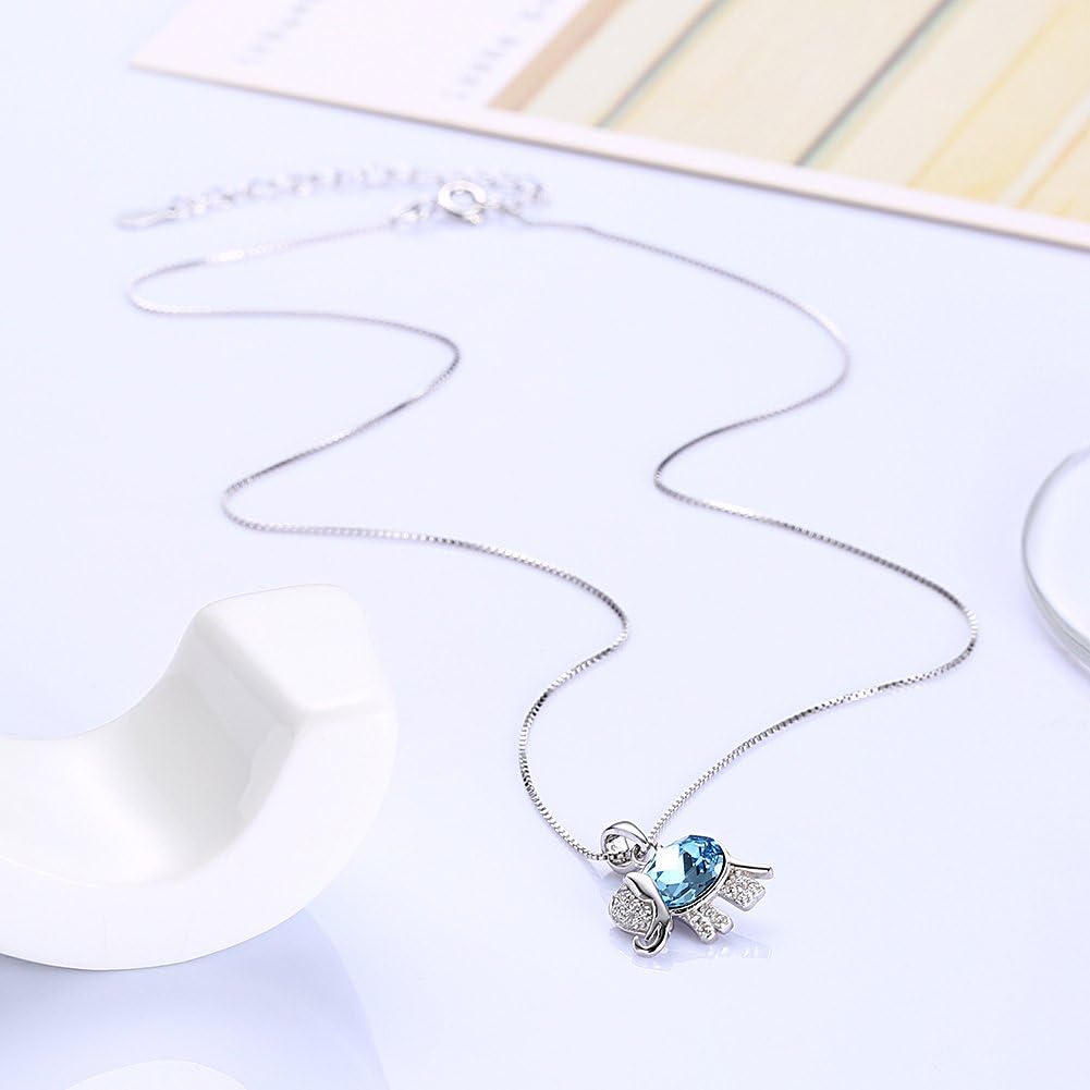 Greendou Fashion Jewelry 925 Sterling Silver CZ Crystal Sapphire Cute Elephant Pendant Necklace with Adjustable Box Chain
