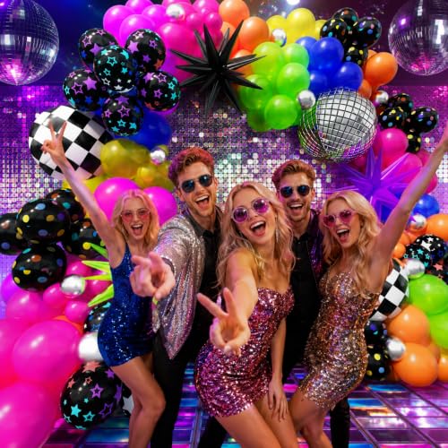 Image of 230Pcs Neon Balloons Arch Garland Kit with Glow in the Dark Balloons, Neon Balloons Arch Kit with Checkered Balloon for Back to 80s 90s DISCO Birthday Let's Glow Party Rock Roll Party Supplies