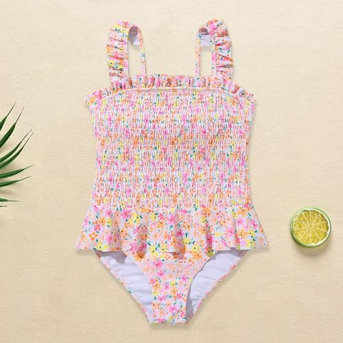 Girls Cute Floral Print Ruffle Straps Smocked Swimsuit 1 Piece Kids Modest Bathing Suit Beach Romper2