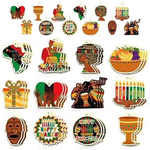 Joyful Start Kwanzaa Decorations 36 Pcs Kwanzaa Kinara Set Wooden Hanging Ornaments Decorations Happy Kwanzaa Decor Traditional African Giant Drum African Mask Giant Candlestick Fruit Basin Cover