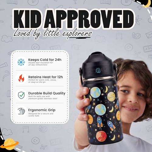 Image of Rioware water bottle for Kids girls boys School Insulated Stainless Steel 350ml Upto 12 Years | Double Wall Vacuum | 24 Hrs Cold & 12 Hrs Hot | Leakproof Flip Top with Straw | Carry Loop - Black