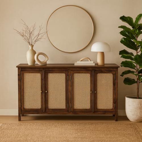 Image of Madrid Solid Wood 4-Door Cane Sideboard Cabinet | Scratch-Resistant Tubaq Finish | Crockery & Kitchen Storage Unit