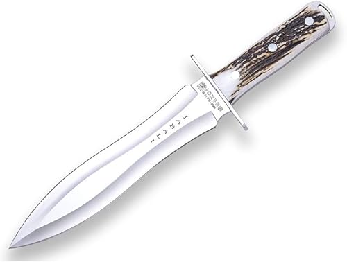 Joker Cuchillo de caza de jabalí CC110, cuchillo de senderismo con mango de cuerno de ciervo, hoja de 9.84 pulgadas, incluye funda de cuero marrón,