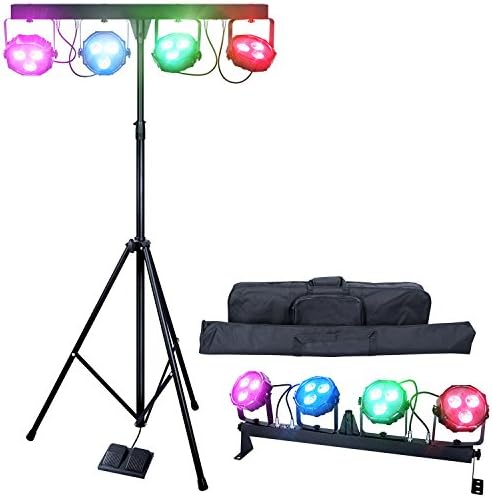 DragonX 4 Bar Gigbar DJ Lights Booth Stage Lighting Wash Packages DMX LED Mobile DJ Light System Equipment Par Can Kits Spotlight with Stand Sound Activated Strobe Party Wedding Church Band