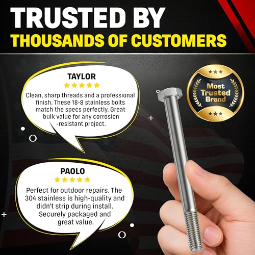 Image of Chenango Supply 3 /8-16 x 5 Stainless Steel Hex Head Bolts - 304 Stainless, USS Coarse Thread, 100,000-125,000 PSI Tensile Strength, Corrosion-Resistant Hardware Bolts, (25 Pieces, 3 /8-16 x 5)