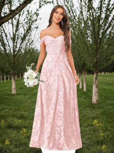Jacquard Bridesmaid Dresses Off The Shoulder Ruched Bodice Zipper Back A Line Evening Gowns for Women Formal4