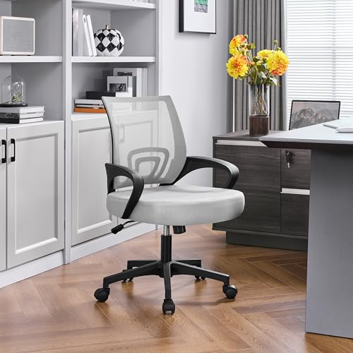 Image of Yaheetech Mid Back Mesh Computer Office Desk Chair Adjustable Swivel, Grey | Breathable mesh back and foam padded seat for comfortable work at home or office; steel frame holds 300 lb, easy assembly.