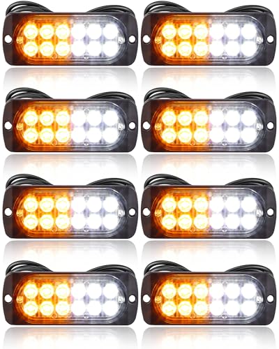 Leelosp 14 Pcs 12 LED Strobe Lights for Tow Trucks Construction Vehicles Surface Mount Emergency Hazard Beacon Safety Warning Lamps Flashing 12-24V Grille Head for Car Accessories (Amber and White)