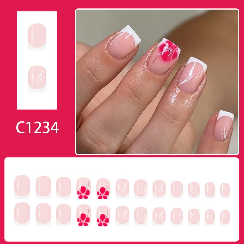Short Square 24PCS Glossy White Glitters French Design Artificial Nails ABS Matte Daily Use