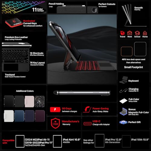 Image of typecase Edge Keyboard for iPad Air 11 (M3 /M2), Air 5th /4th & Pro 11 (4th /3rd /2nd /1st), 11-Colors Backlit, Magic Floating Cantilever, Precision Multi-Touch Trackpad-Blk'25 (Not fit A16 /10th / 11-M4)