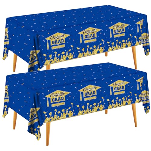 Image of Graduation Decorations 2026-2 Pcs Blue and Gold Gongrats Grad Tablecover for Graduation Party Decorations, Class Blue Plastic Table Covers 54 inchx108 inch
