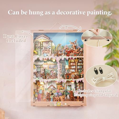 Image of Tonecheer DIY Miniature House Kit, Book Nook Dollhouse Story Frame Kit Wooden 3D Puzzle, Wall Mountable Decor Diorama Model with Dust Cover and LED for Ideal Gift - Blossom Time