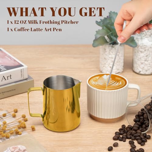 Image of Amrules Milk Frothing Pitcher 12oz Frother Cup Barista Tools, Gold