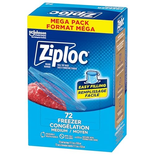 Ziploc Medium Freezer Bags, Prevents Freezer Burn, Microwave & Freezer Safe, New Stay-Open Design, Stand-Up Bottom, 72 Count by Ziploc - Used condition - CA$12.57