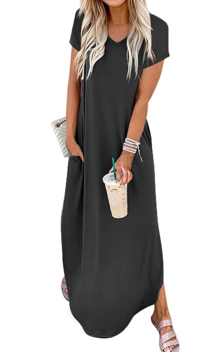 Jeqeocafy Women Summer Long Sundress Crewneck Short Sleeve Maxi Dress 2026 Casual Loose Beach Dress with Pockets