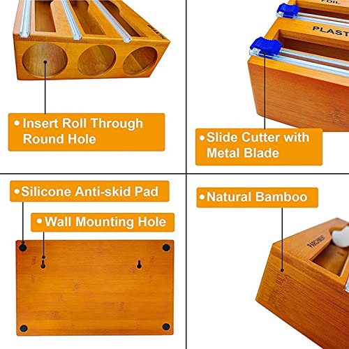 Foto von Folienspender Folienabroller Bambus Ordnungssystem, 3-in-1-Aufbewahrungsspender mit Folienschneider und Etiketten, Bambus-Plastikfolienspender, verstellbarer Box-Organizer